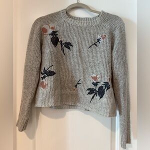 Woven Heart Floral Embroidered Gray Knit Sweater